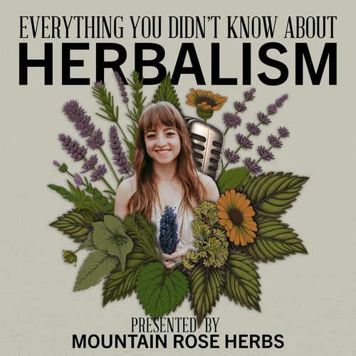 BrynnaHerbener_EYDKAHEpisode artwork for the Herbal Radio podcast episode interview featuring the herbalist and Tarot reader, Brynna Herbener. Image features Brynna holding a purple flower behind a bouquet of herbal illustrations.