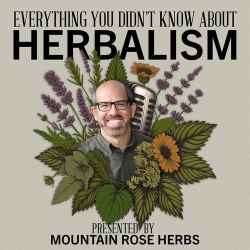 Episode artwork for "Get Passionate for Plants with Herbal Matchmaking | Featuring CoreyPine Shane" for the podcast series, Everything You Didn't Know About Herbalism, by Mountain Rose Herbs. CoreyPine smiling behind a bouquet of illustrated wildflowers.