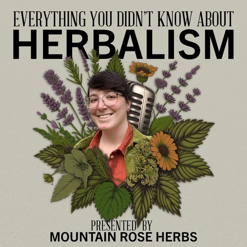 Episode artwork for the podcast episode by Herbal Radio, Illustration to Influence Conservation | Featuring Emily Poole. Image features a headshot of Emily with short hair and an orange shirt behind a digital illistration of wildflowers.