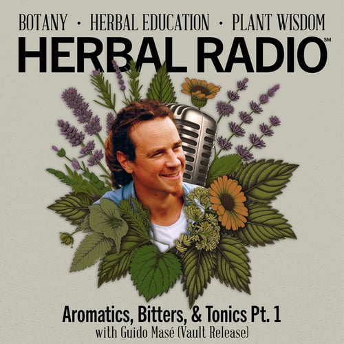 Episode artwork for the Herbal Radio podcast episode, Aromatics, Bitters, and Tonics Part 1 | Featuring Guido Mase. Image featurs headshot of Guido surrounded by a digital illustration of wildflowers.
