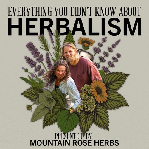 Elise and Jeff Higley for the Everything You Didn't Know About Herbalism series on the Herbal Radio podcast. Image features Elise and Jeff standing together surrounded by digital illustrations of wildflowers.