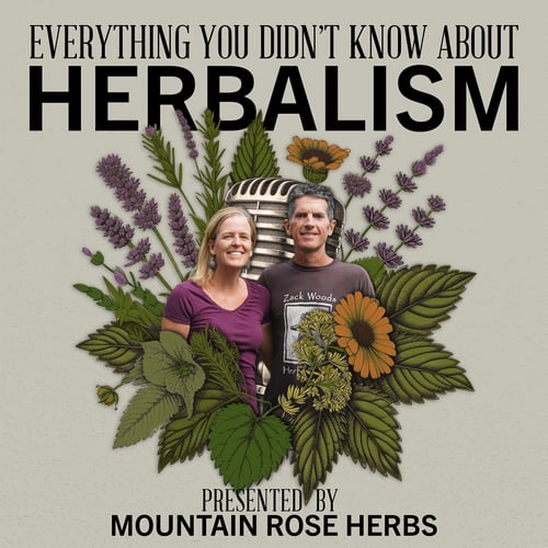 Episode artwork for the Herbal Radio podcast episode, The Art of Medicinal Herb Farming | Featuring Jeff and Melanie Carpenter. Image feature Melanie (left) and Jeff (right) holding up their book "The Organic Medicinal Herb Farmer" behind a digital illustration of wildflowers. Top text: Everything You Didn't Know About Herbalism. Bottom text: Presented by Mountain Rose Herbs