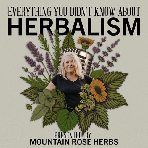 Jody Berry episode artwork for the Herbal Radio podcast episode, Celebrating 25 Years of Wild Carrot Herbals | Featuring Jody Berry. Image features headshot of Jody surrounded by digital illustrations of wildflowers. 