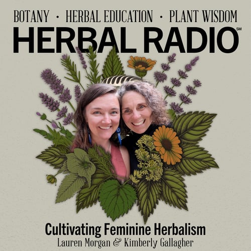 Episode artwork for the Herbal Radio Podcast Episode: Cultivating Feminine Herbalism | Featuring Lauren Morgan and Kimberly Gallagher. Image features headshot of Lauren and Kimberly smiling together, surrounded by a digitial illustration of wildflowers.