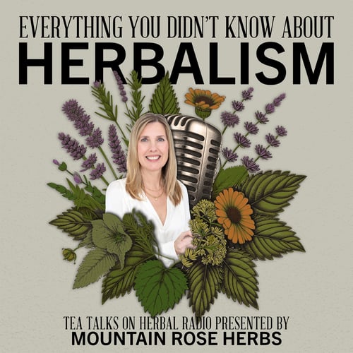 Liane Moccia for Tea Talks with Jiling on Herbal Radio podcast. Image feature Liane's headshot behind a digital illustration of a microphone and botanical flowers.