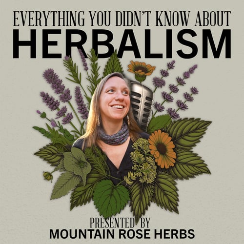 Episode artwork for the podcast epsiode by Herbal Radio, "The Bloom of Online Herbalism Education Featuring Lindsey Feldpausch". The artwork features a photo of Lindsey surrounded by a digital botanical illustration.