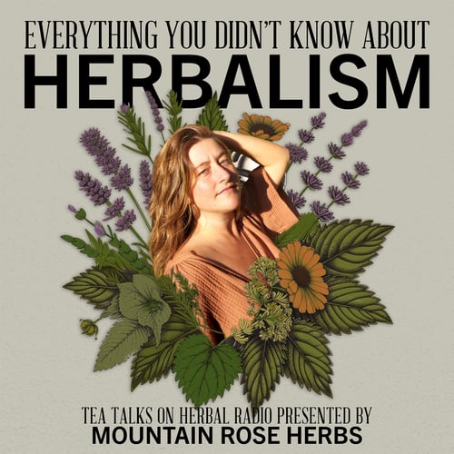 Herbal Radio podcast logo on a tan background with a photo of Marie White in the center surrounded by plants.