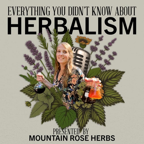 Episode cover artwork for the Herbal Radio podcast episode featuring Mo Judith. Image features Mo holding chemistry flasks and smiling behind a digital depicition of flowers and leaves. Top text reads: "Everything You Didn't Know About Herbalism". Bottom text read: "Presented by Mountain Rose Herbs.  