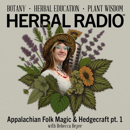 Episode artwork for the Herbal Radio podcast episode, Appalachian Folk Magic & Hedgecraft Pt. 1 | Featuring Rebecca Beyer. Imagine features headshot of Rebecca, smiling wearing a woven sun hat, surrounded by a digital illustration of wildflowers.