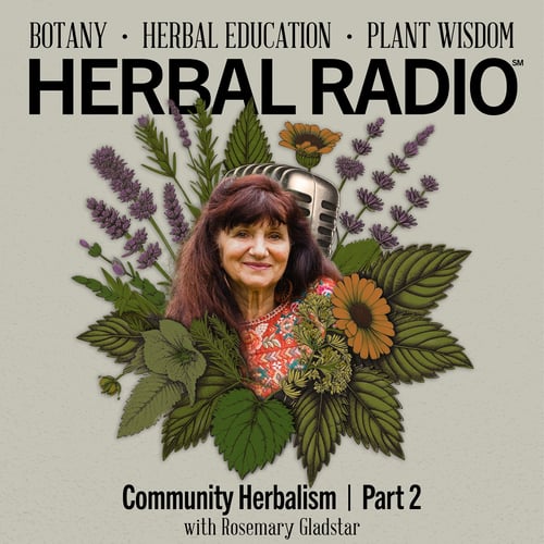Episode artwork for the Herbal Radio podcast rerelease episode, Community Herbalism Part 2 | Featuring Rosemary Gladstar (Vault Release). Image features Rosemary smiling surrounded by digitial illustations of wildflowers.