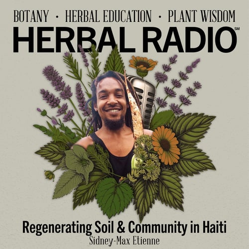Episode artwork for the Herbal Radio podcast episode: Regenerating Soil and Community in Haiti | Featuring Sidney-Max Eitenne. Image features Sidney-Max (smiling, black man with brown eyes, a bread, and dreadlocks, wearing a black tank top, surrounded by a digital illustration of wildflowers.)